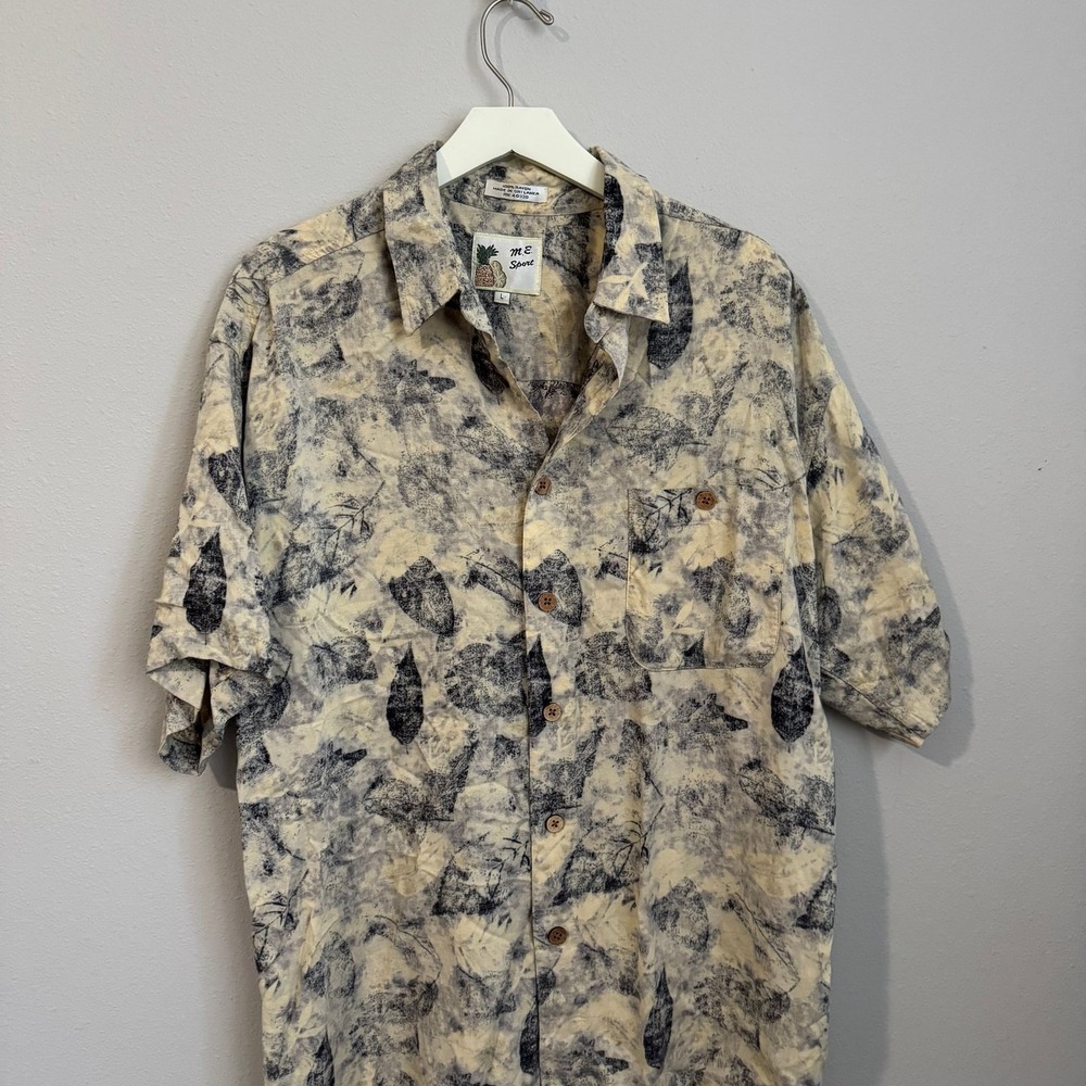 Vintage M.E. Sport Leaf Print Rayon Hawaiian Button Down Shirt Size L